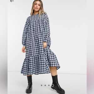 ASOS Blue and Black Plaid Long Sleeve Oversized Midi Dress, Size 6